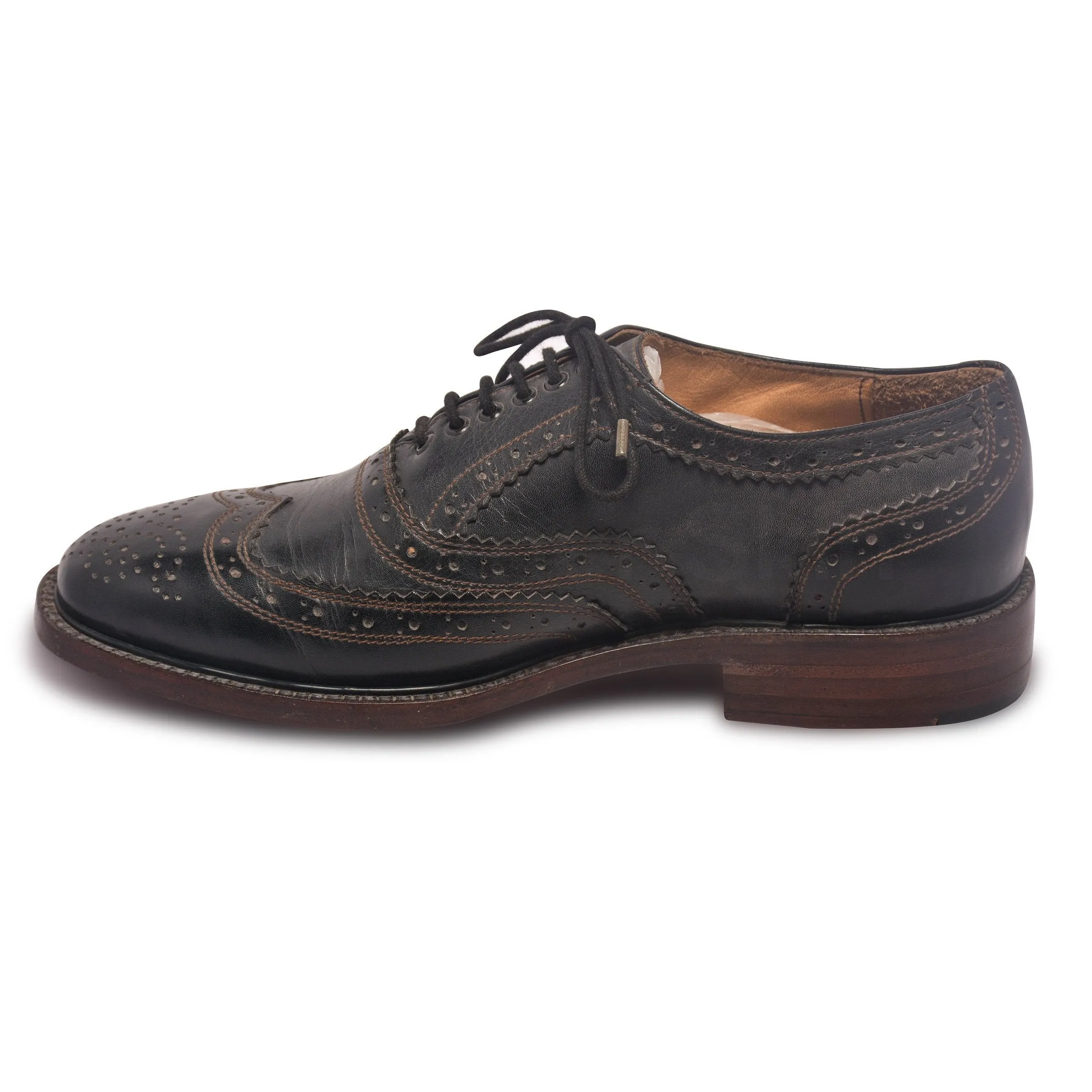 Mens Black Oxford Wingtip Brogue Shoes with Brown stitching