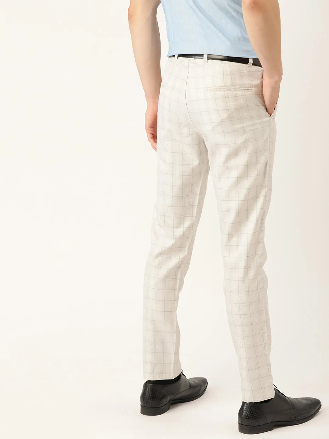 Men's Cotton Blend Cream & Grey Checked Formal Trousers - Sojanya