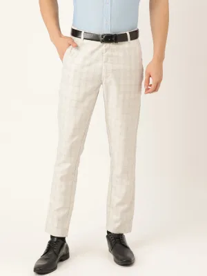 Men's Cotton Blend Cream & Grey Checked Formal Trousers - Sojanya