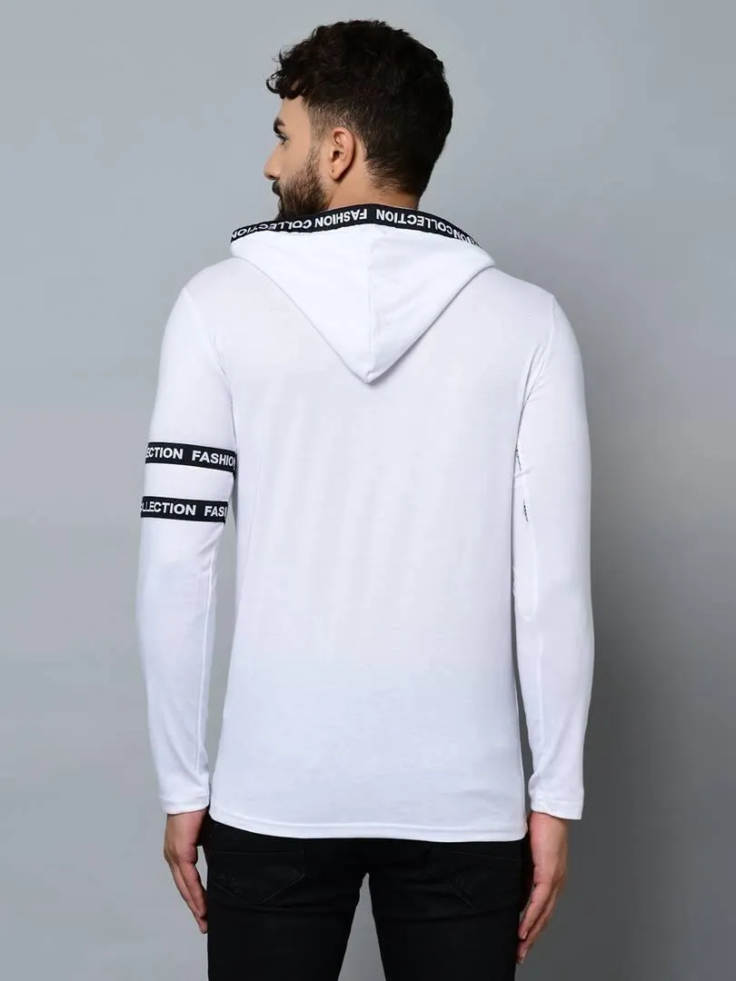 Men's White Cotton Self Pattern Hooded Tees