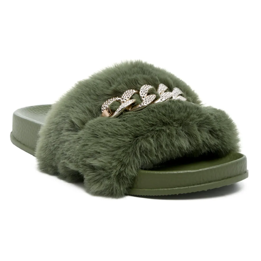 Metal Chain Detail Fur Slides in Olive