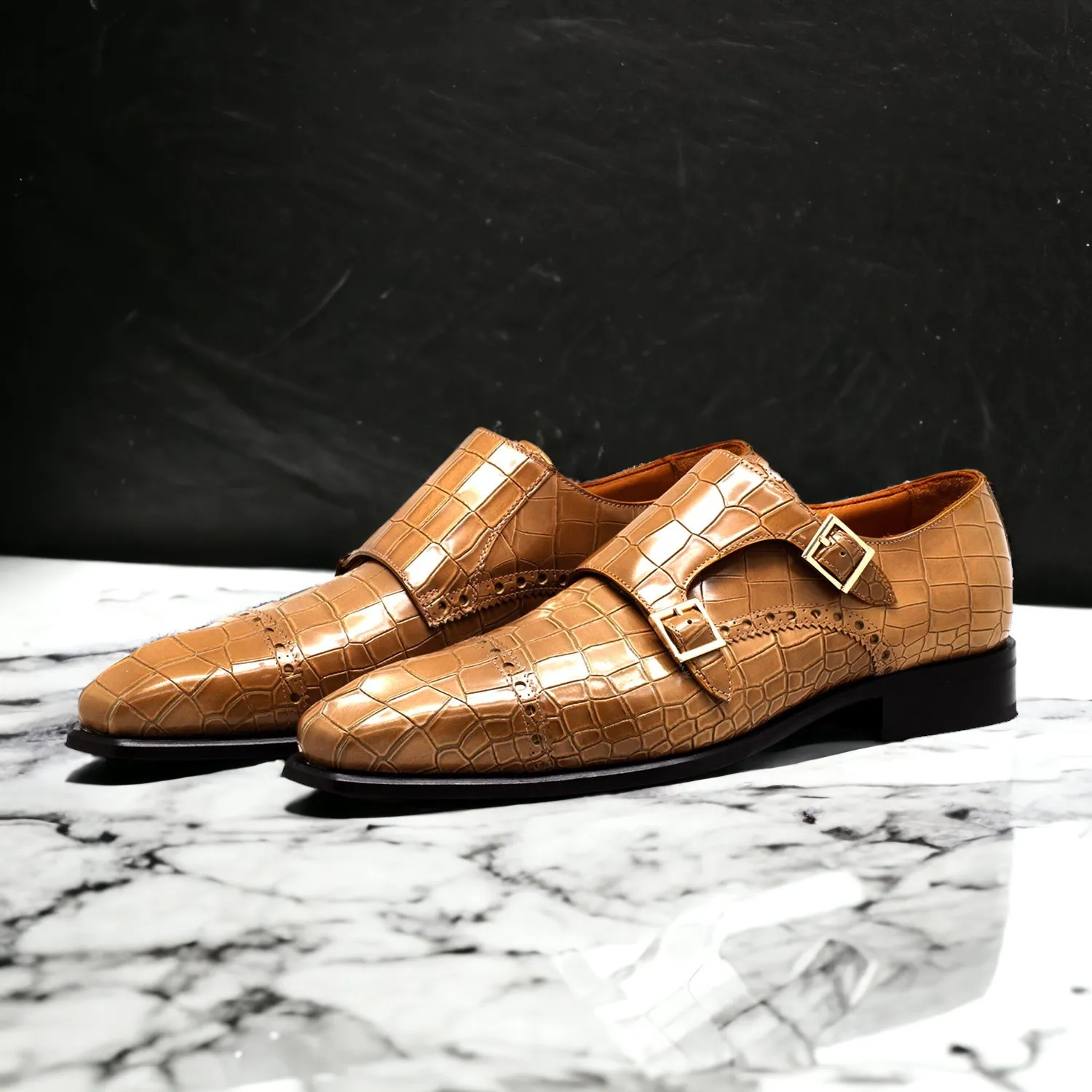 Mister Roni 40418 Men's Shoes Camel Calf-Skin Leather Monk-Straps Loafers (MIS1147)