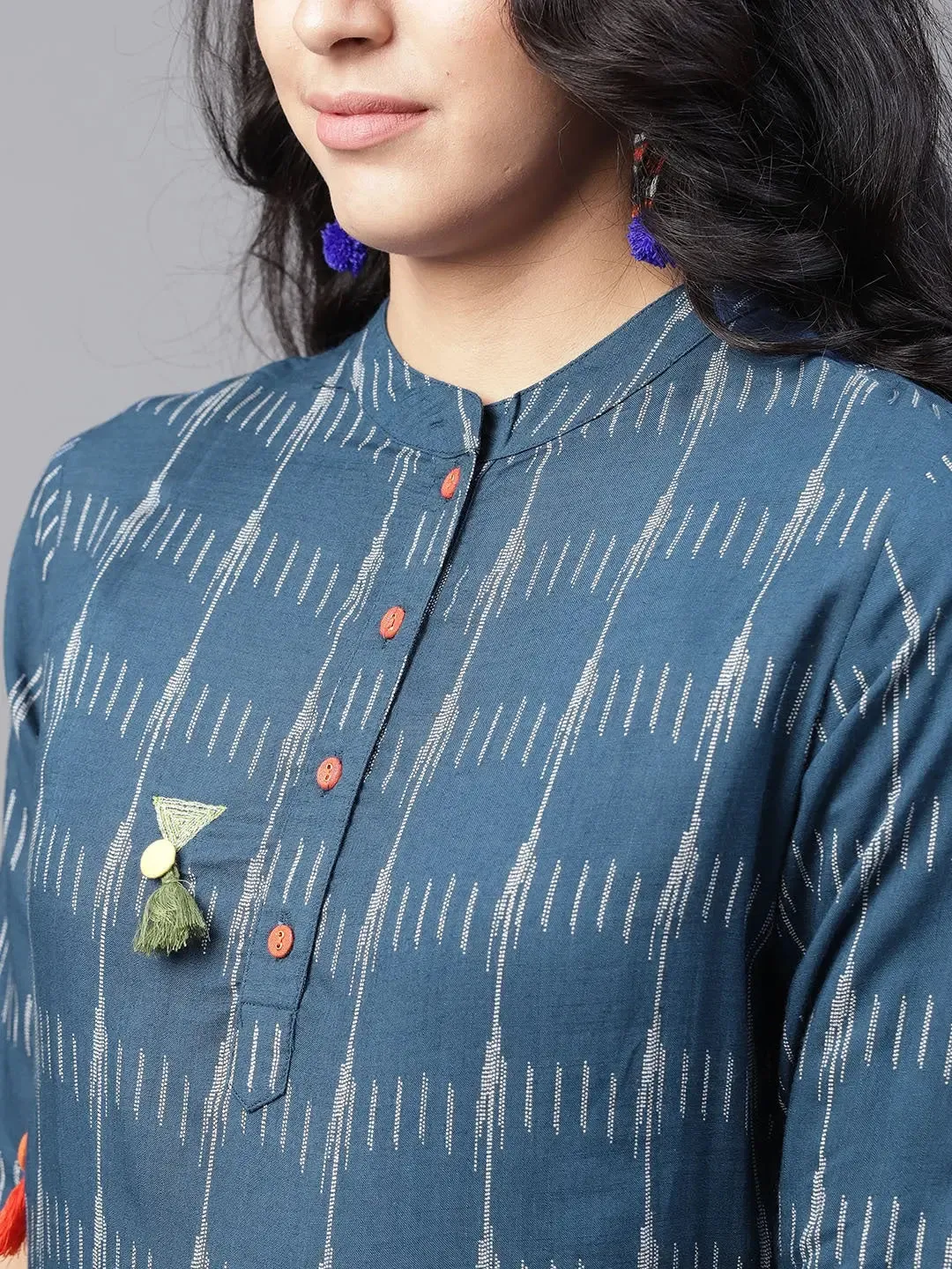 Navy Blue & Off-White Printed Kurta