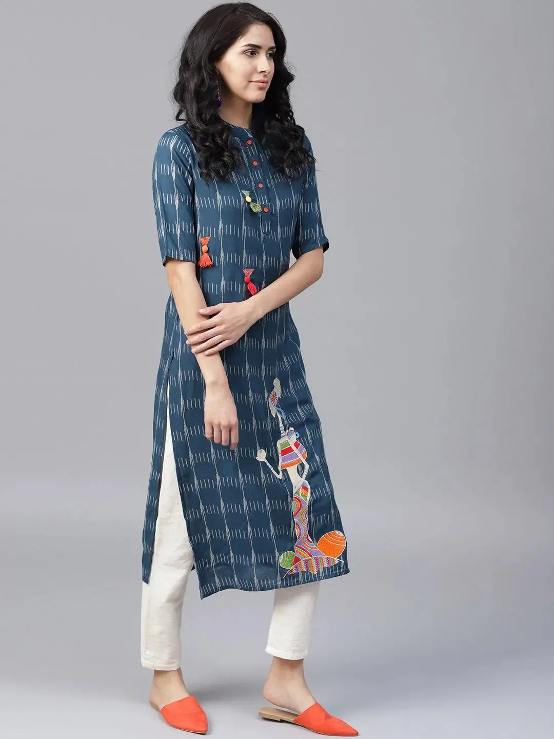 Navy Blue & Off-White Printed Kurta