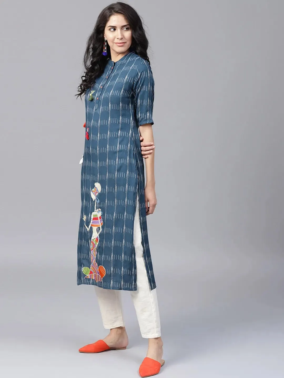 Navy Blue & Off-White Printed Kurta