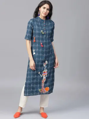 Navy Blue & Off-White Printed Kurta