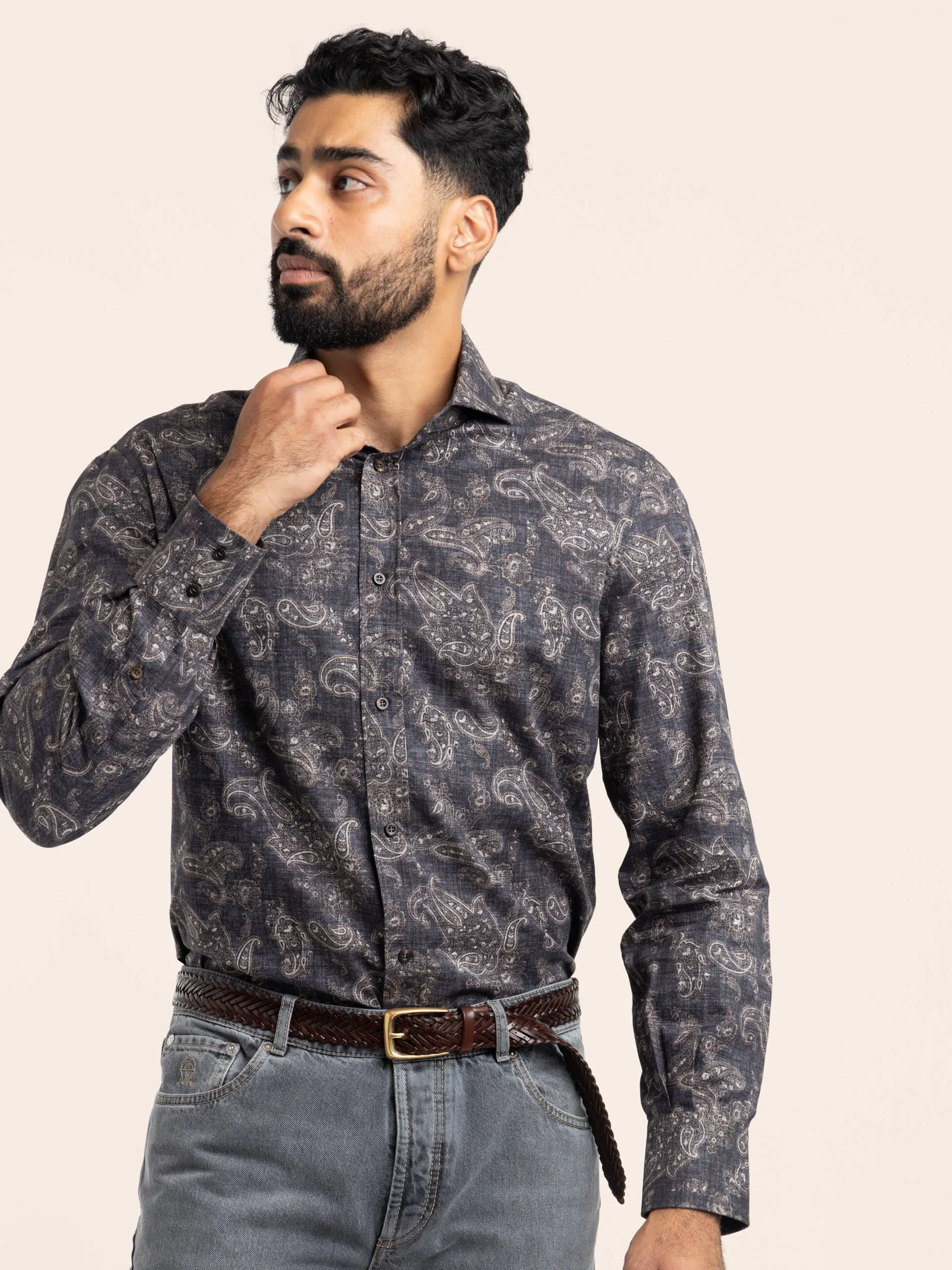 Navy Paisley Cotton Shirt