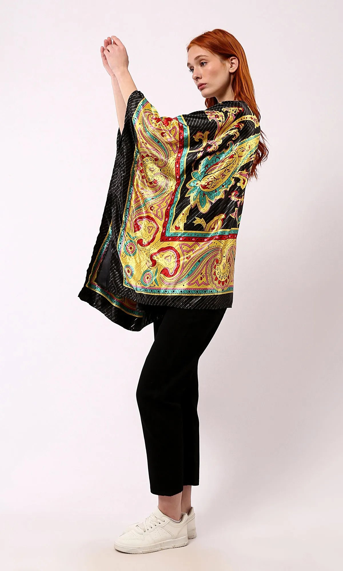 O182857 Black & Gold Patterned Cardigan With Open Neckline