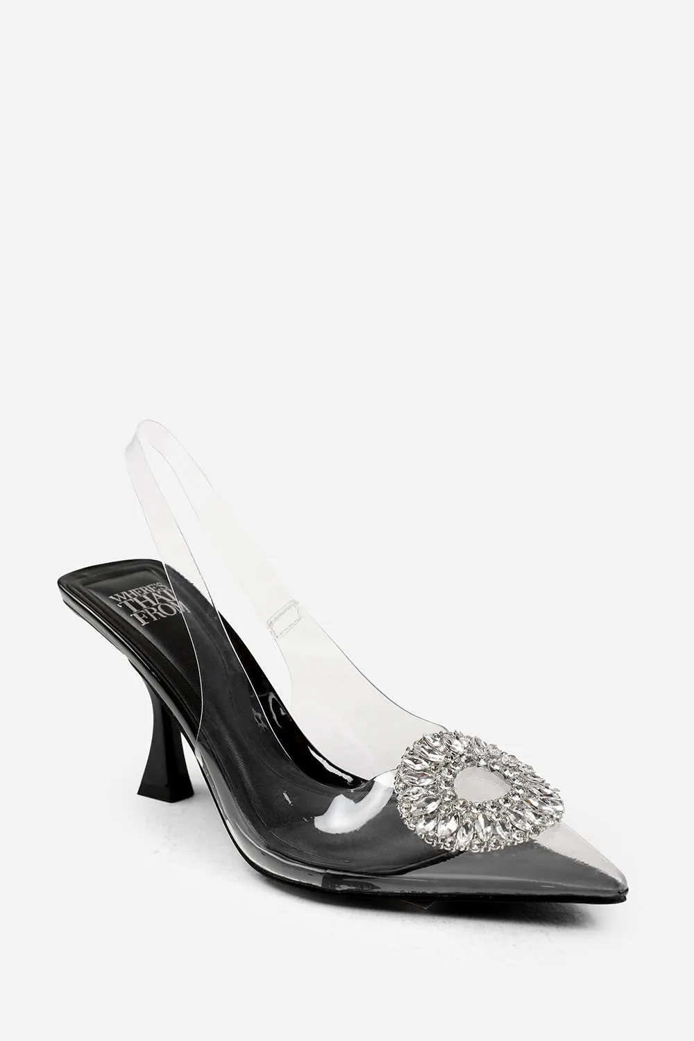 OPAL WIDE FIT PERSPEX LOW HEEL SANDALS WITH EMBELLISHED DETAIL IN BLACK PATENT