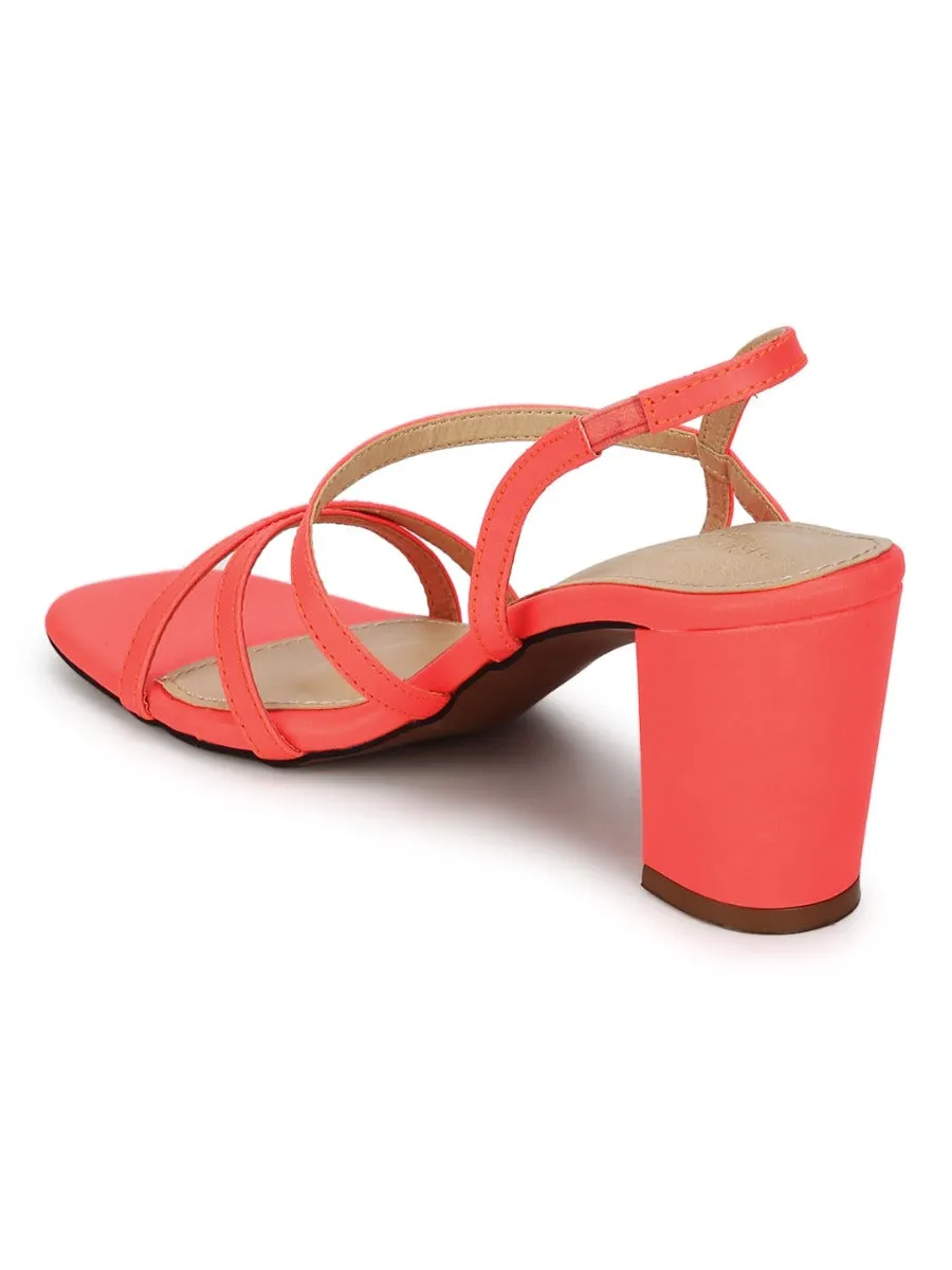 Red PU Crossover Strap Block Heel Sandals