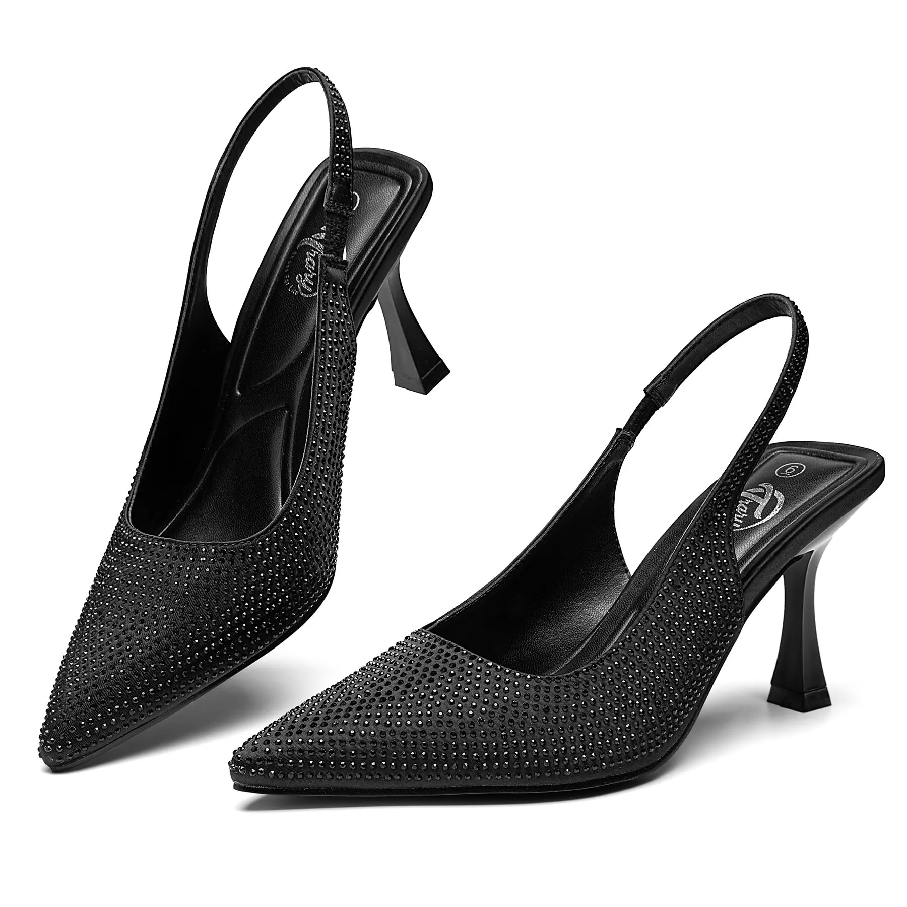 Rhinestone Glitter Black Sling Back Heels