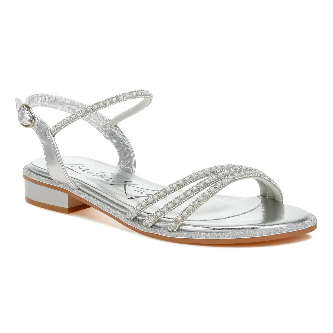 Rhinestone Pearl Detail Flat Sandals