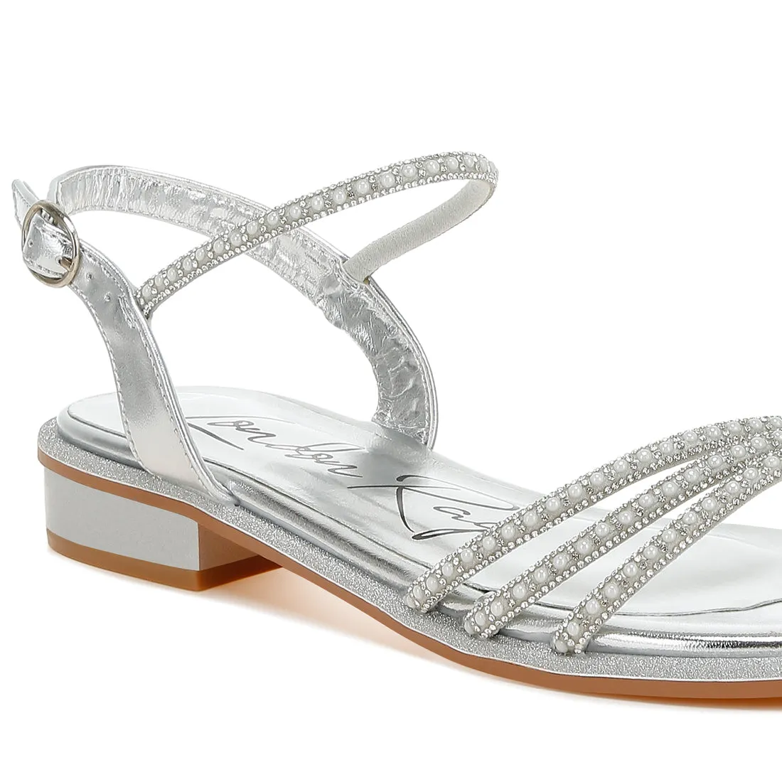 Rhinestone Pearl Detail Flat Sandals