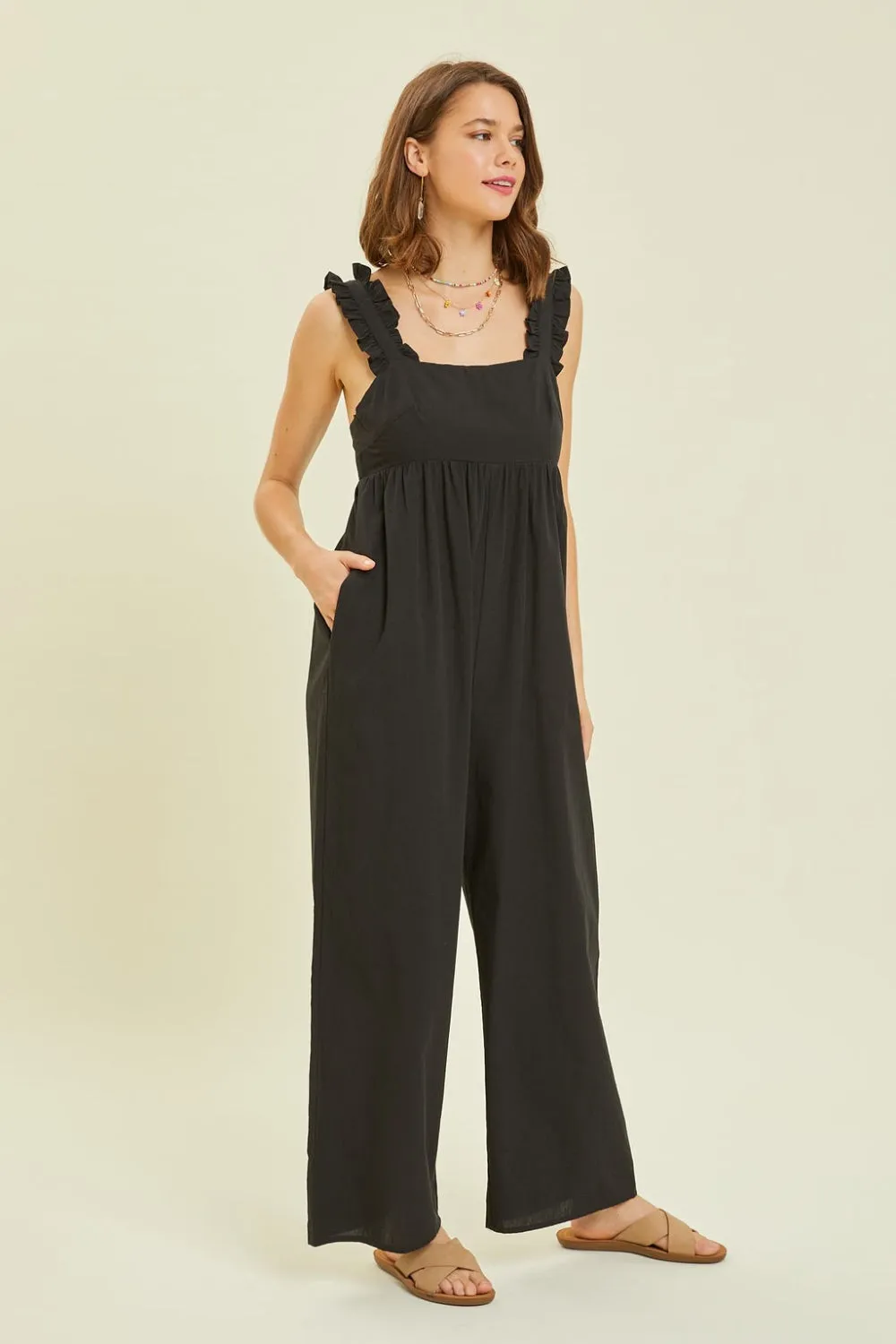 Ruffled Strap Back Tie Wide Leg Jumpsuit