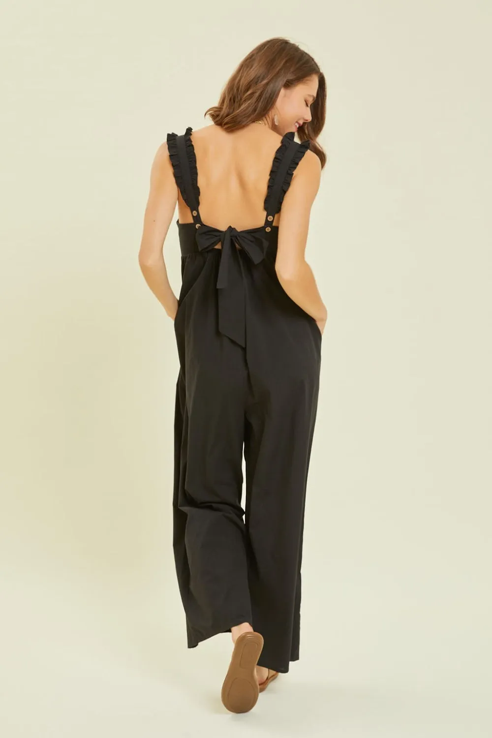 Ruffled Strap Back Tie Wide Leg Jumpsuit