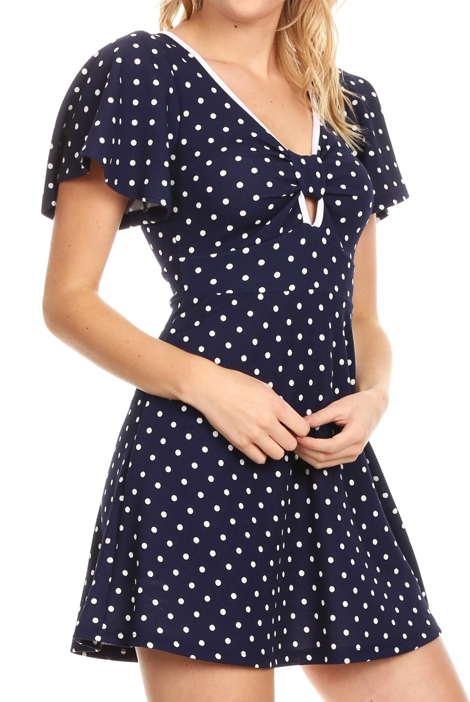 Sakkas Dalila Womens Casual Polka Dot V neck Dress Shift swing Short Mini Party