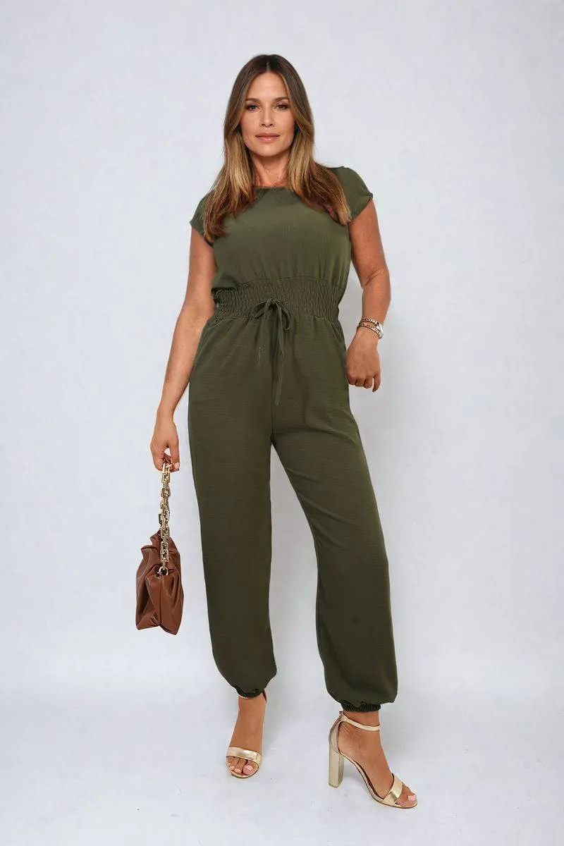 Short Sleeve Cinched Waist Jumpsuit