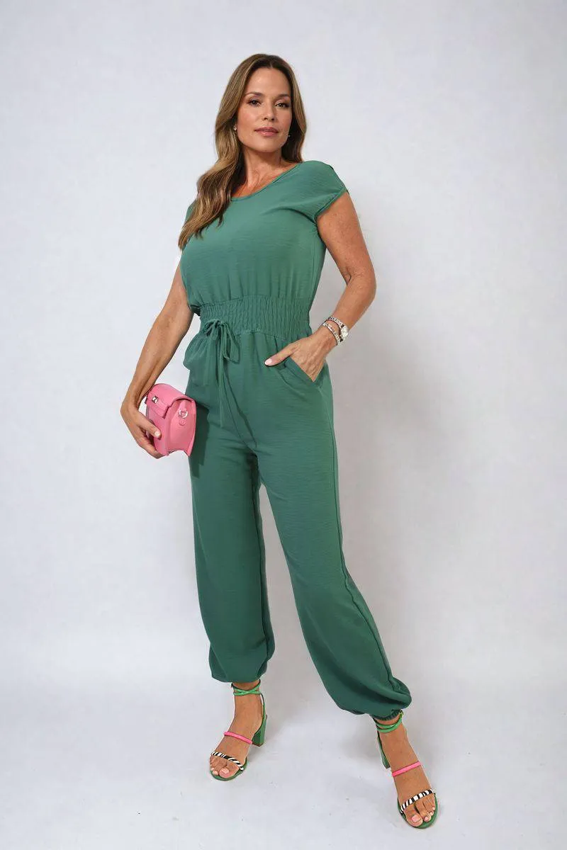 Short Sleeve Cinched Waist Jumpsuit