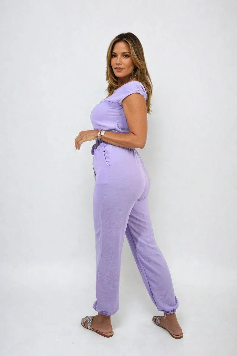 Short Sleeve Cinched Waist Jumpsuit