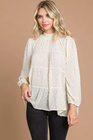 Soren Full Size Swiss Dot Smocked Mock Neck Blouse