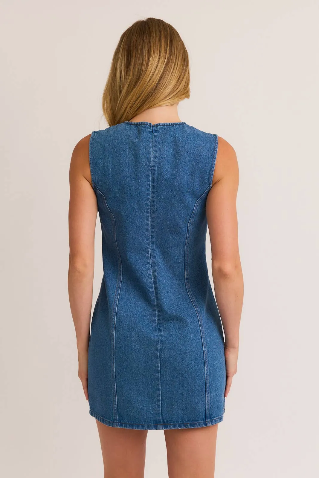 STITCH DETAIL SLEEVELESS DENIM DRESS