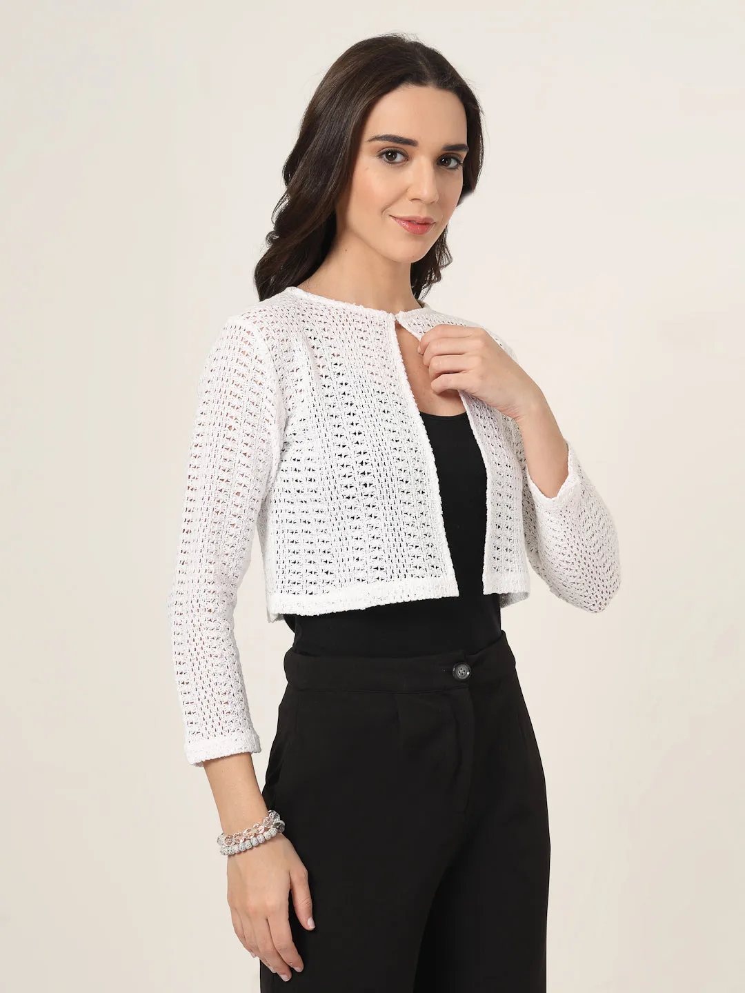 Style Quotient Women White Solid Lace Shrug