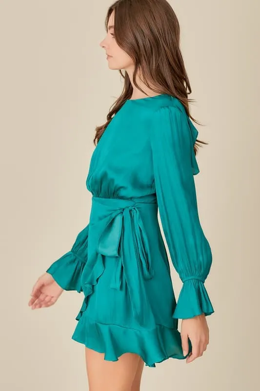 The One Ruffle Tie Waist Teal Mini Dress