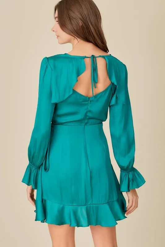 The One Ruffle Tie Waist Teal Mini Dress