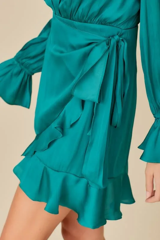 The One Ruffle Tie Waist Teal Mini Dress