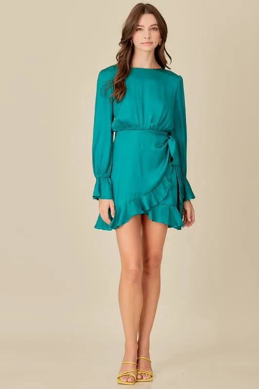 The One Ruffle Tie Waist Teal Mini Dress