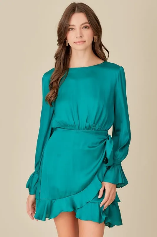 The One Ruffle Tie Waist Teal Mini Dress