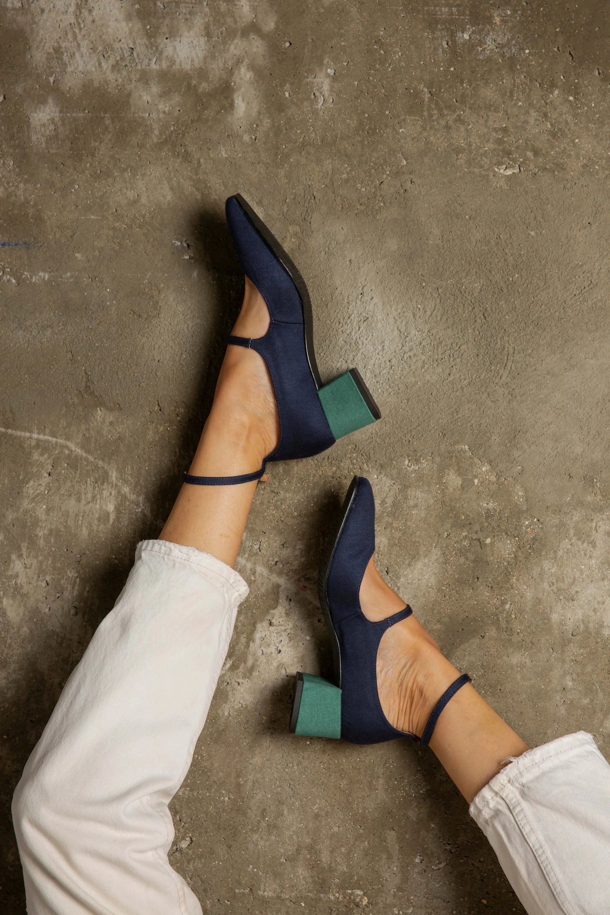 Vegan Suede Mid Heeled Pumps | Blue & Green