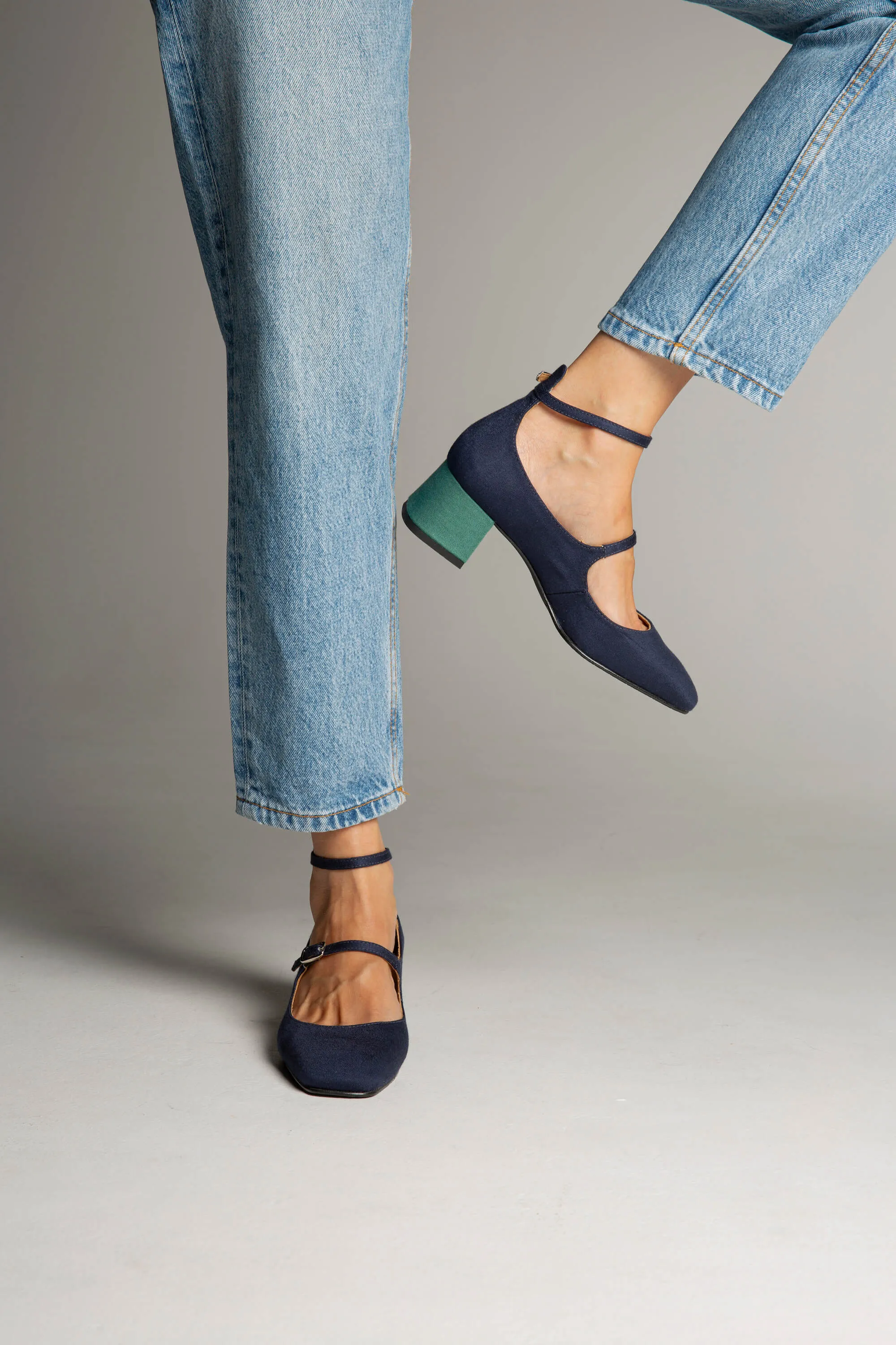 Vegan Suede Mid Heeled Pumps | Blue & Green