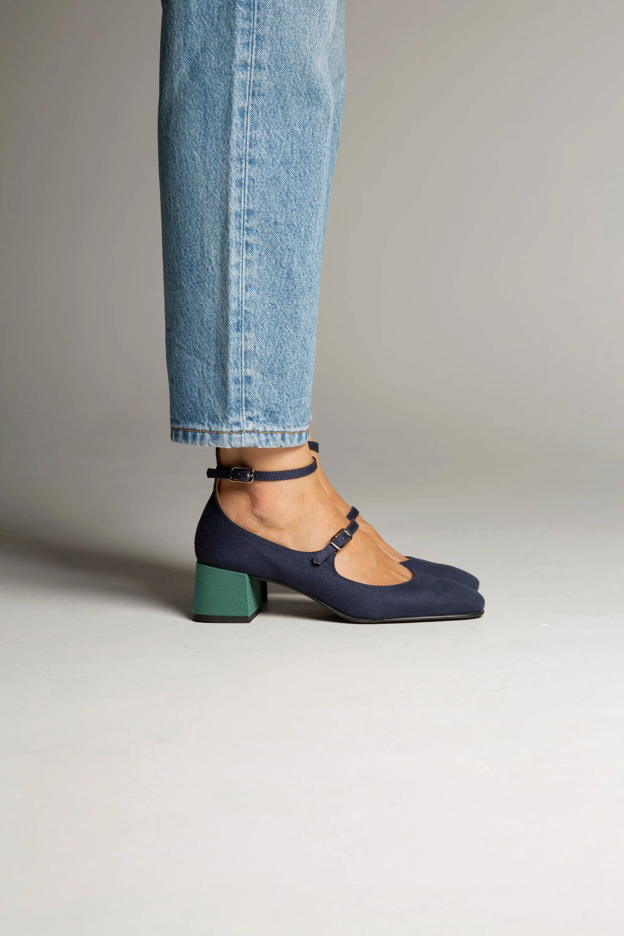 Vegan Suede Mid Heeled Pumps | Blue & Green