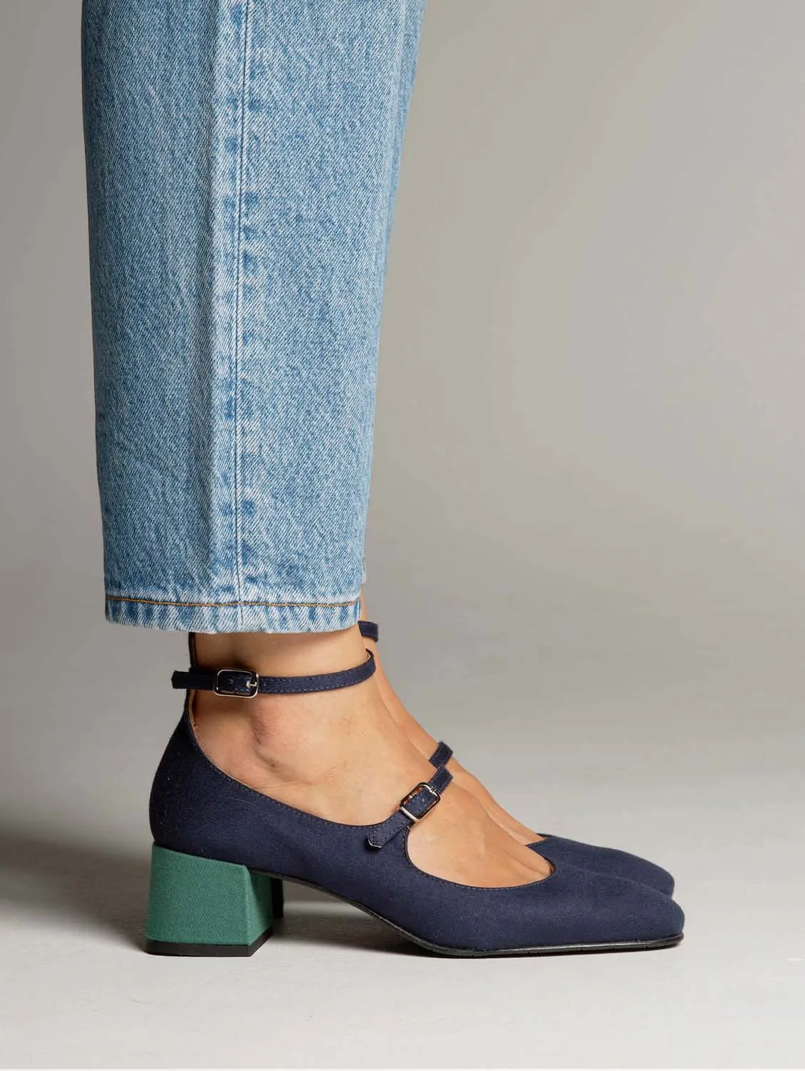 Vegan Suede Mid Heeled Pumps | Blue & Green