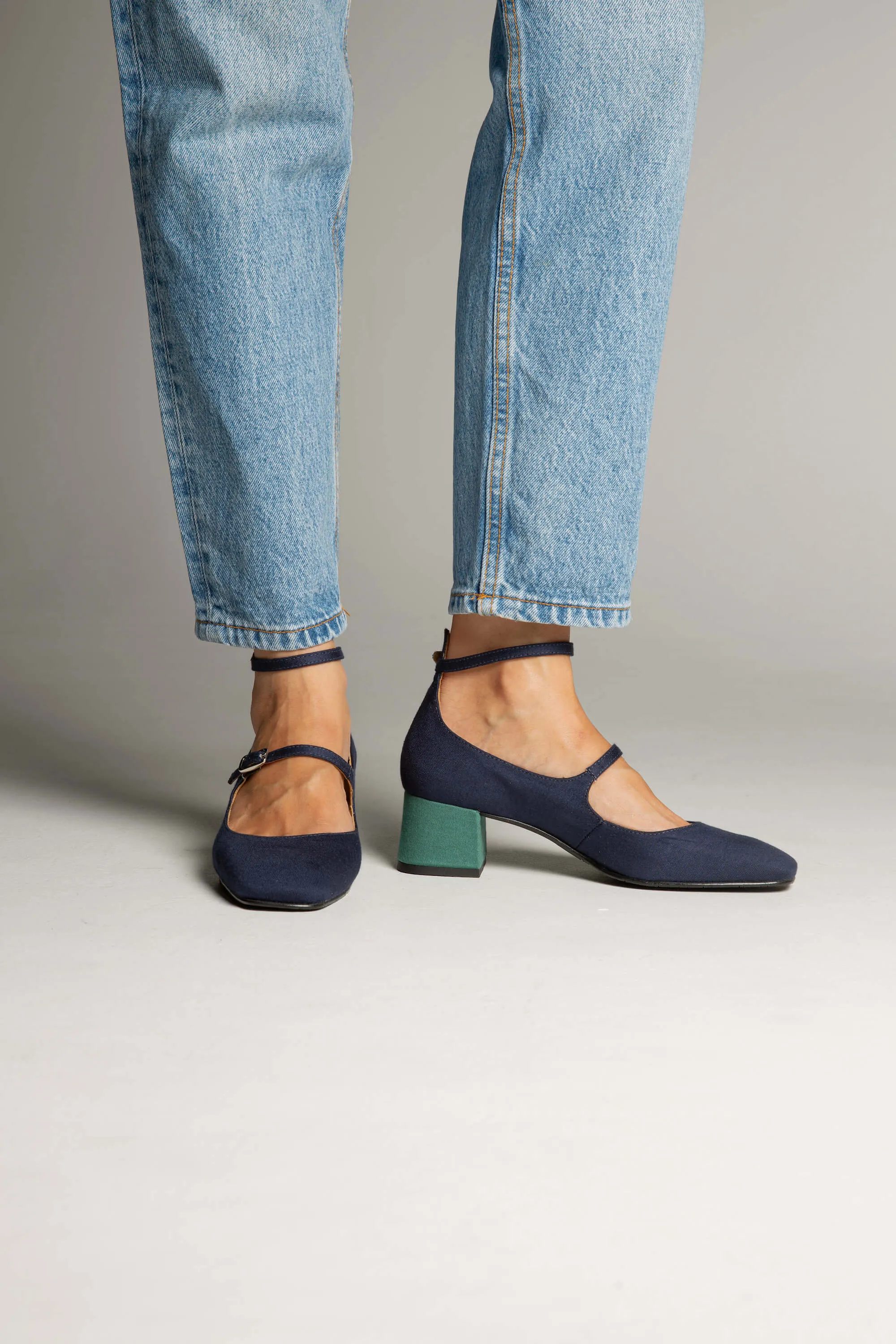 Vegan Suede Mid Heeled Pumps | Blue & Green