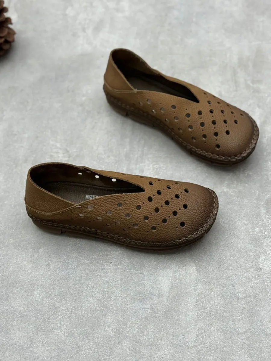 Women Summer Vintage Leather Cutout Flat Shoes QW1051