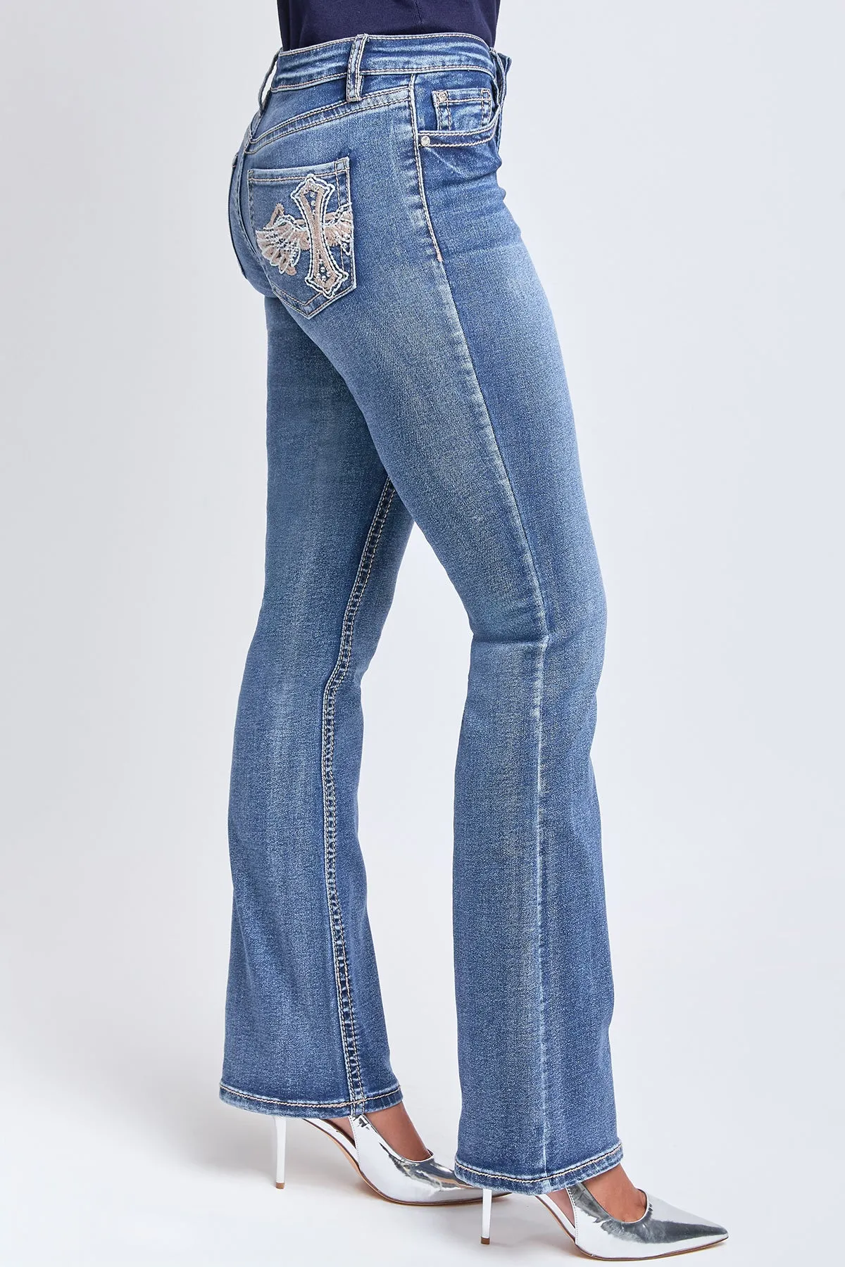 Women's Mid Rise Heavy Stitch Bootcut Cross Studded Jeans