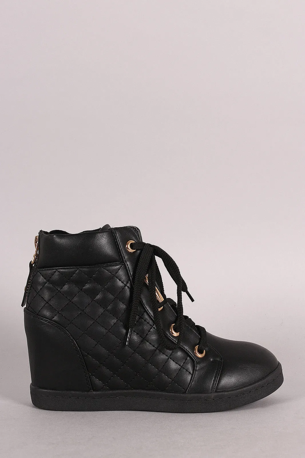 Zipper Quilted High Top Lace Up Wedge Sneaker