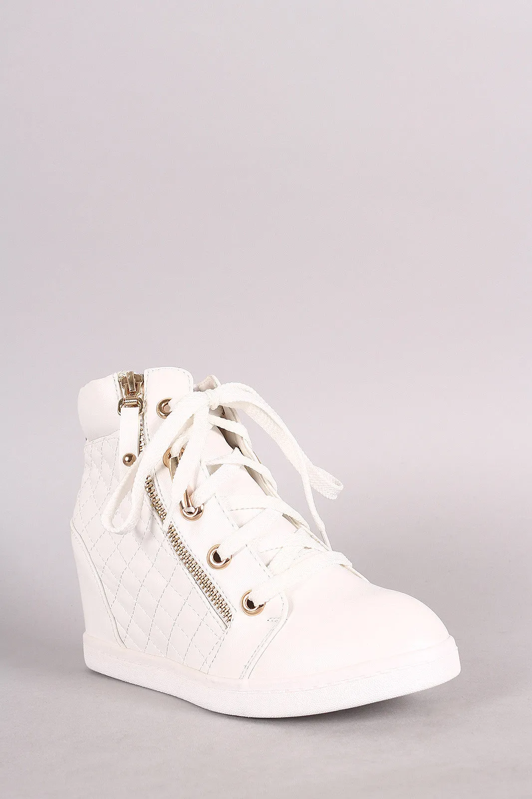 Zipper Quilted High Top Lace Up Wedge Sneaker